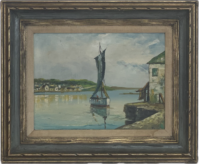 Title Vintage framed painting depicting a boat scene (Available by Online Purchase Only)