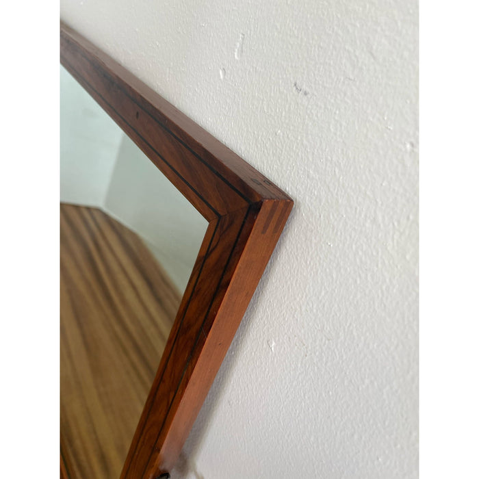 Vintage Wood Framed Mirror With Wood Inlay and Decorative Handles.