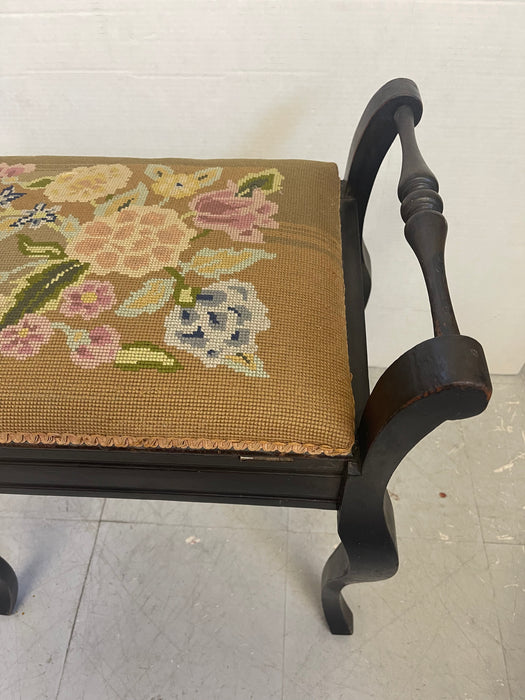 Vintage UK Imported Black Toned Wood Needlepoint Stool Upholstered Accent Bench with Storage on Cabriole Legs