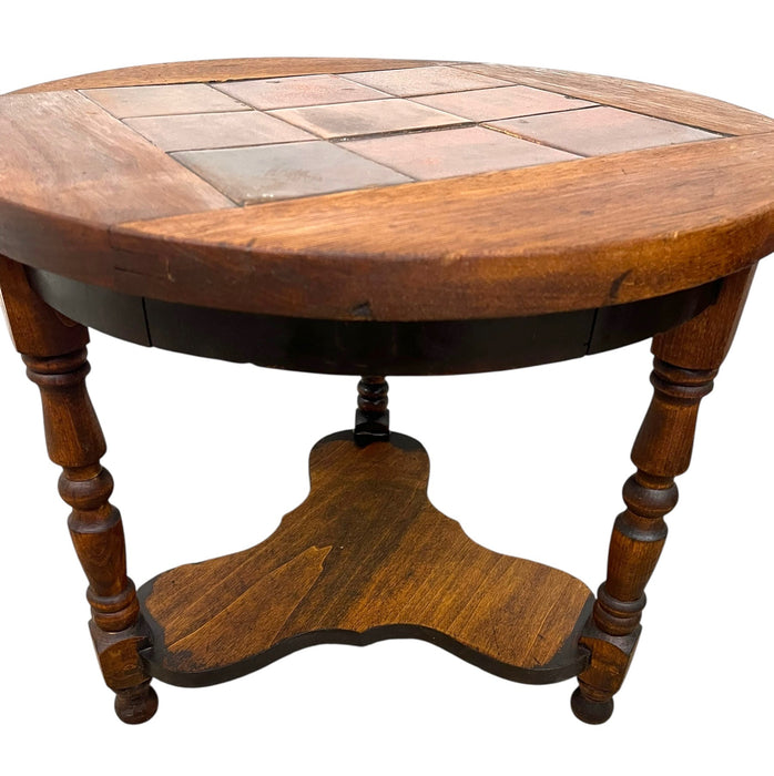 Vintage Arts & Crafts Tile Top Side Table with Turned Legs and Lower Shelf