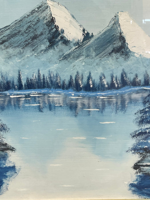 Vintage Framed Snow-Capped Mountain Lake Landscape Painting, Signed, Blue Tonal Scenic Wall Art.