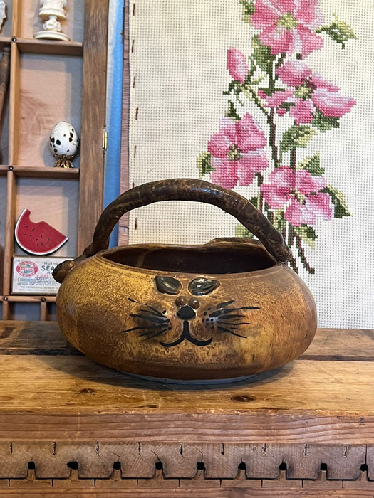 Vintage Handmade and signed Cat Bowl with handle.