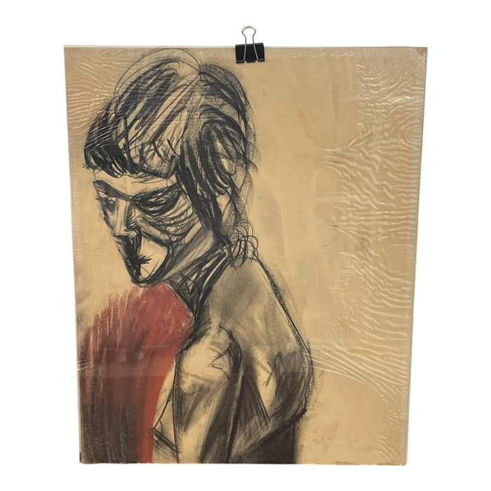 Vintage Charcoal Portrait Drawing of a Woman on Paper, Modern Figurative Artwork