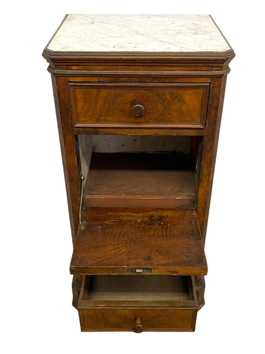 Antique Style Marble Top Bedside Chest with Drop Front Cabinet