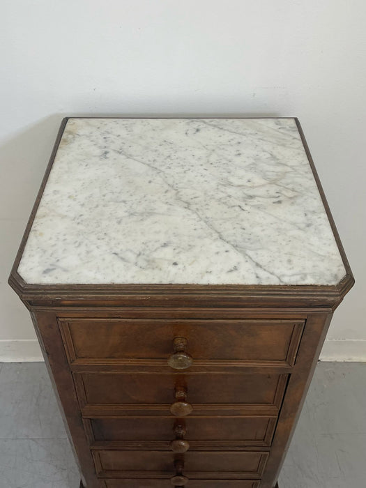 Vintage French Style Burl Wood Cabinet Nightstand With Marble Top.