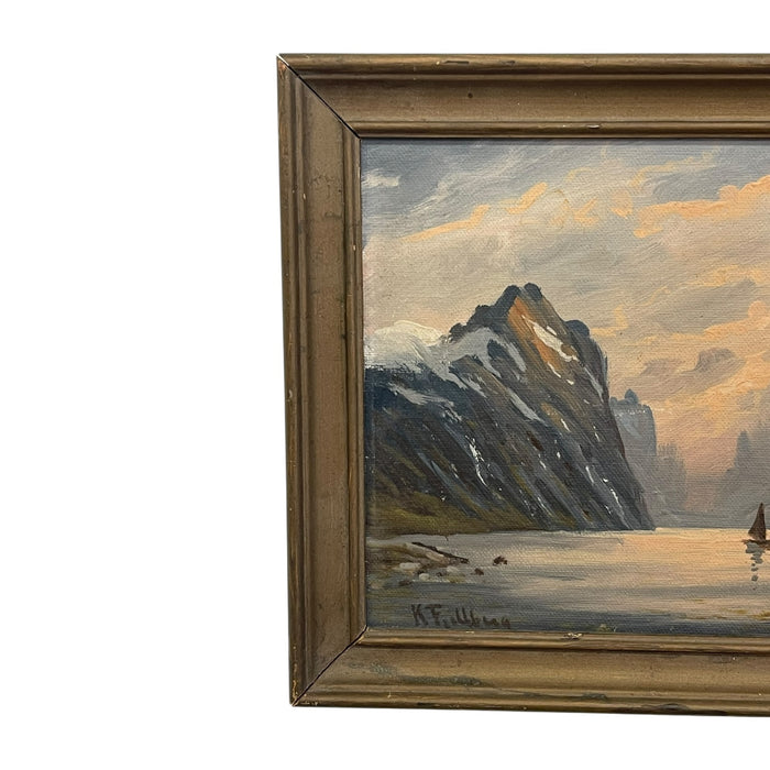 Vintage Signed K. Fjeilberg Mountain Landscape Painting with Sailboats in Gilt Wood Frame Possibly 1930s Norway