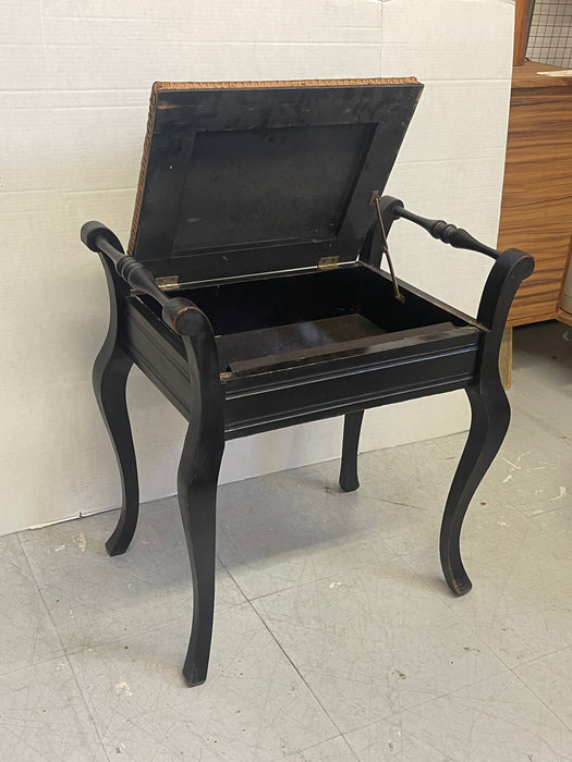 Vintage UK Imported Black Toned Wood Needlepoint Stool Upholstered Accent Bench with Storage on Cabriole Legs