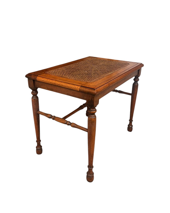 Vintage Traditional Wooden Accent Table or Decorative Bench with Turned Legs and Supports and Caned Top