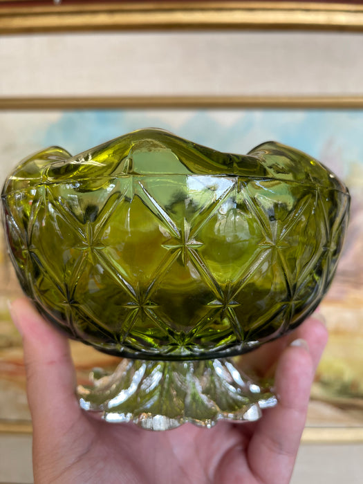 Vintage Green Pressed Glass Bowl with Scalloped Rim and Silver-Toned Floral base.