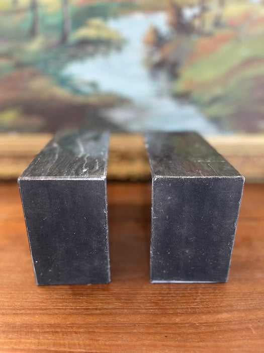 Vintage Black Likely Marble Bookends - Solid Rectangular Pair with White Veining, Mid-20th Century
