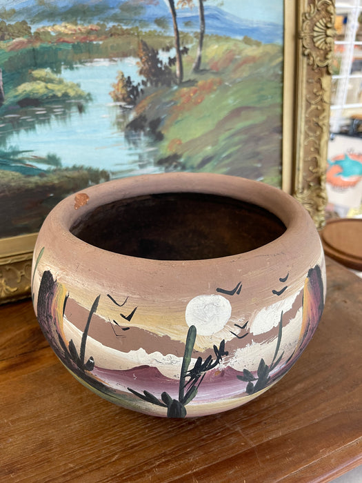 Hand-Painted Terracotta Desert Landscape Pot Marked "Mexico"