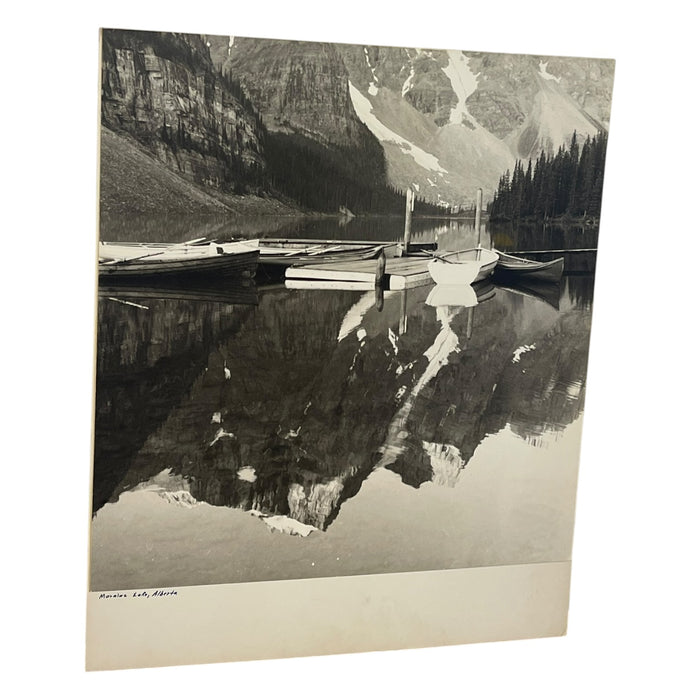 Vintage Black and White Photograph of Moraine Lake, Alberta, Canada