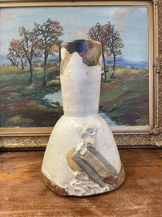 Vintage Studio Pottery Sculptural Vase with Applied Relief and Earth-Tone Glaze