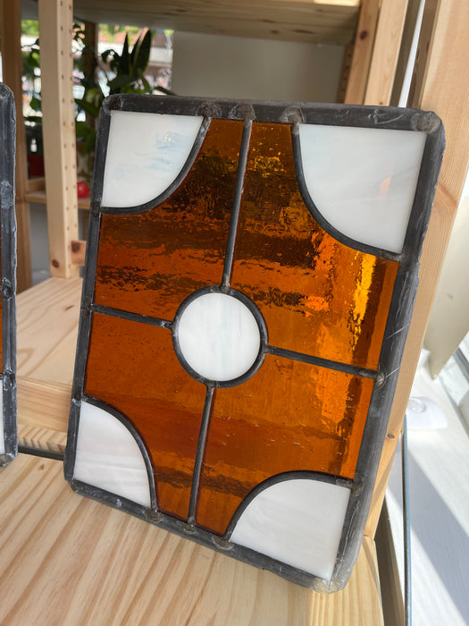 Pair of Vintage Amber and White Stained Glass Window Panels