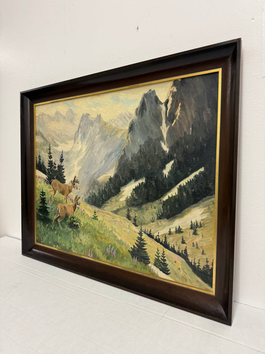 vintage signed mid century modern style framed scenic mountain side painting depicting wandering animals