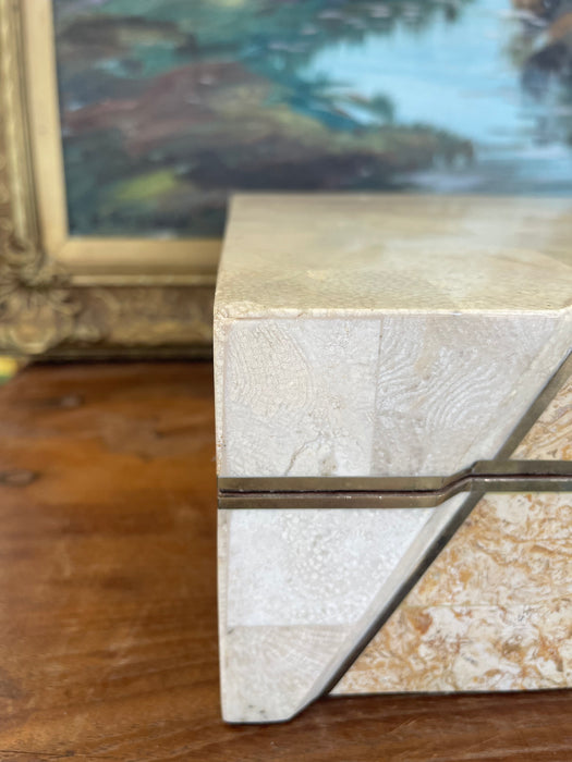 Vintage Possibly Tessellated Stone and Brass Toned Inlay Jewelry or Keepsake Box with Velvet-like Interior.