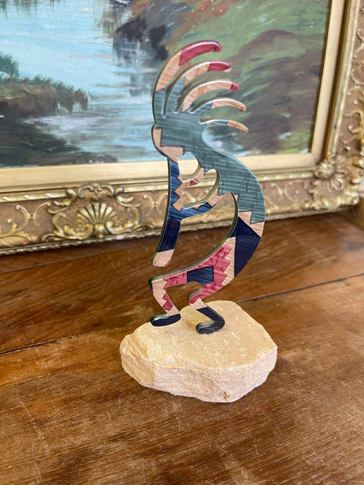 Southwestern Kokopelli Stone Inlay Sculpture on Natural Sandstone Base