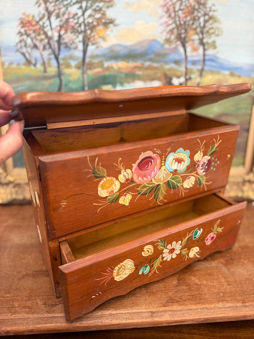 Vintage Hand-Painted Wooden Jewelry Trinket Box - Folk Art Style Floral Organizer Primitive Storage Chest