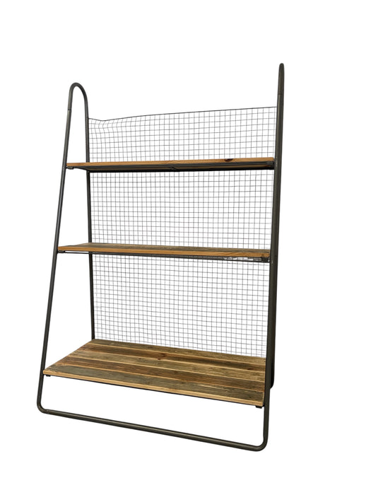 Baker Style Reclaimed Book Shelf Rack with Industrial Metal Frame and Wire Back