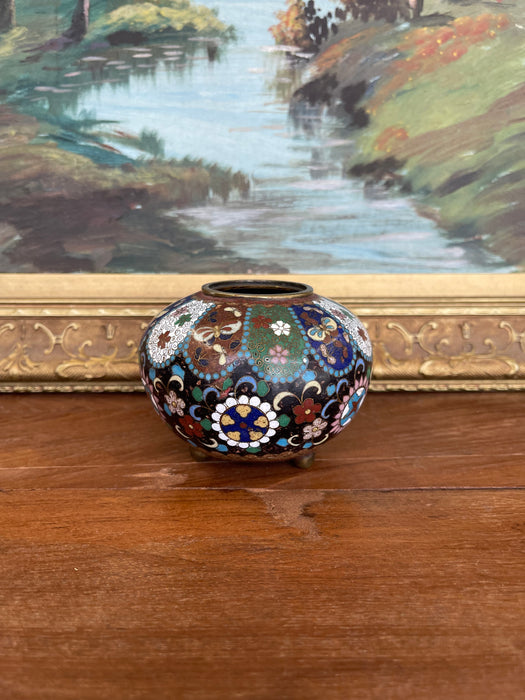 Believed to be Early 20th Century Chinese Cloisonné Miniature Tripod Vase with Floral and Butterfly Enamel Panels
