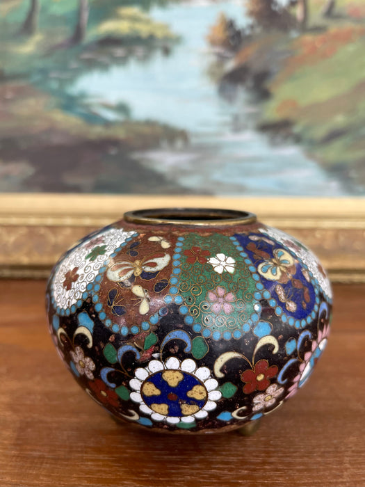 Believed to be Early 20th Century Chinese Cloisonné Miniature Tripod Vase with Floral and Butterfly Enamel Panels