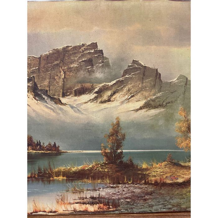 Vintage Landscape Print on Canvas. Mountains Over a Lake.