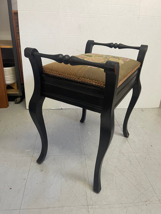 Vintage UK Imported Black Toned Wood Needlepoint Stool Upholstered Accent Bench with Storage on Cabriole Legs