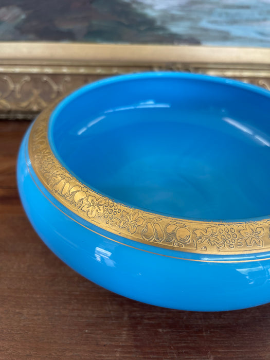 Likely Antique 19th Century French Blue Opaline Glass Bowl with Intricate Gilded Fruit and Vine Border
