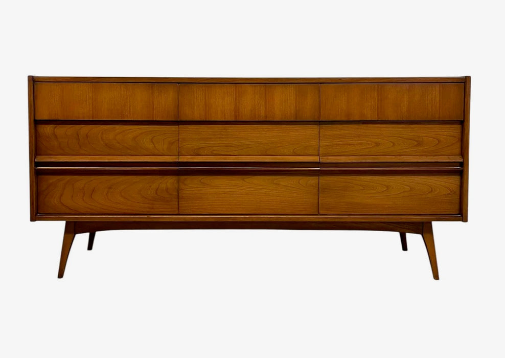 Vintage Mid-Century Modern 4-Piece Bedroom Set - 9-Drawer Lowboy Dresser, Tall Highboy Dresser & Pair of Nightstands with Sculpted Pulls and Dovetail Drawers