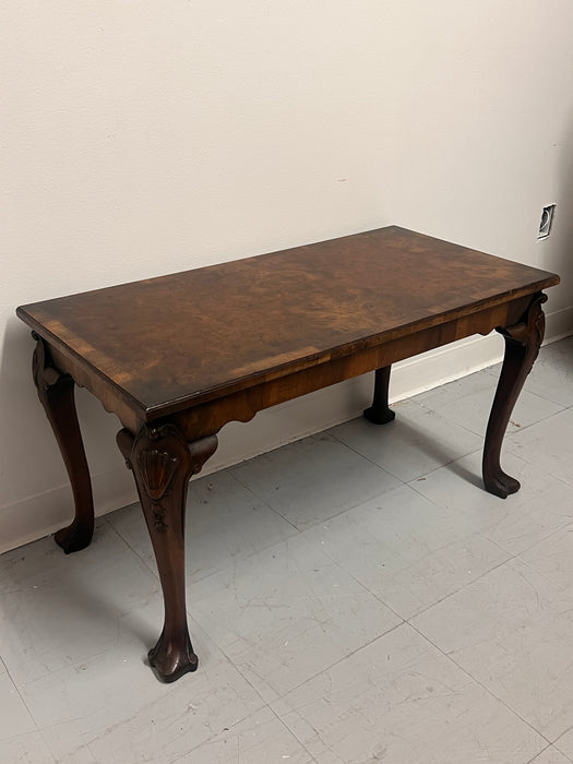 Antique Chippendale Style Solid Wood Coffee Table with Book Matched Walnut Burl Top and Carved Wood Legs. UK Import.