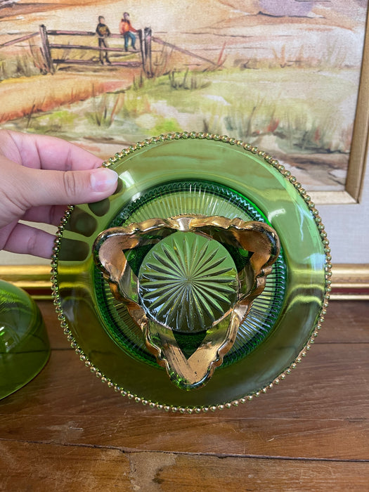 Vintage Green Glass Covered Candy Dish with Pedestal Base and Brass-Toned Mount