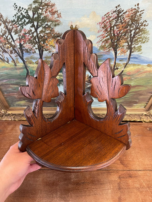 Vintage Ornate Hand Carved Wooden Corner Hanging Shelf With Leaf Motif.