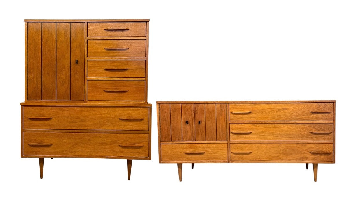 Vintage Mid-Century Modern Bedroom Set - Gentleman's Chest Highboy & Sculpted Pull Credenza Dresser, 1960s