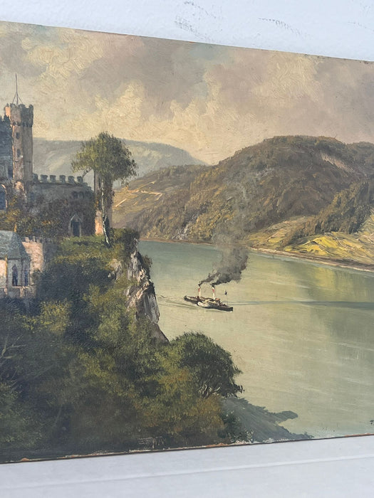 Vintage signed Scenic painting of a castle on the water.