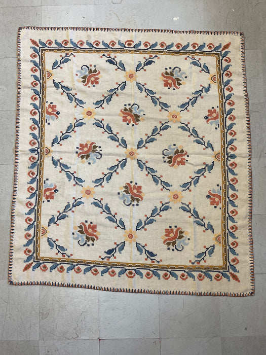 Vintage Hand-Embroidered Possibly Wool and Linen Floral Folk Art Rug with Geometric Border