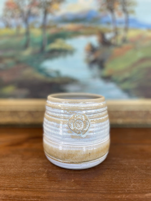 Signed Studio Pottery Stoneware Vessel by Freeburg with Embossed Medallion