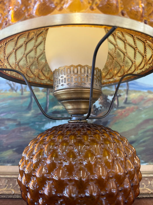 Vintage Amber Glass Hurricane Lamp with Diamond Point Hobnail Pattern with Ornate Metal Toned Base, Mid Century Modern Accent Lighting