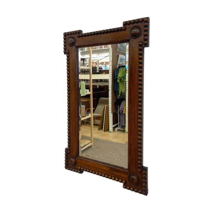 Antique Bobbin Turned Oak Wall Mirror – Arts and Crafts Style Spool Beaded Wood Frame with Beveled Glass