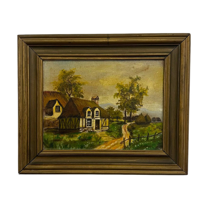 Vintage Unsigned Cottage Landscape Oil Painting – Framed European Countryside Scene