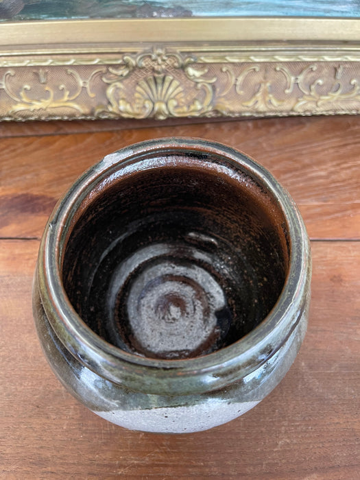 Vintage Studio Pottery Jar with Glazed Bird Silhouette and Earthy Green Finish
