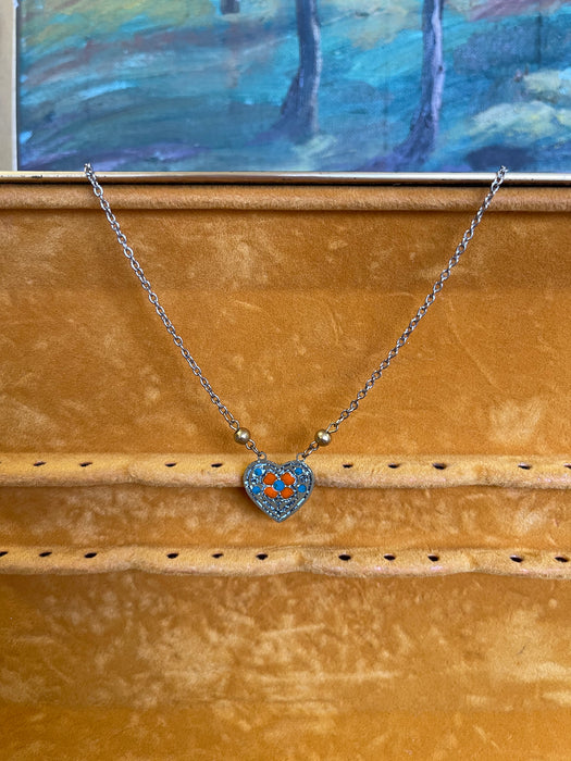 Vintage Heart-Shaped Choker with Enamel Floral Motif on Mixed-Metal Chain