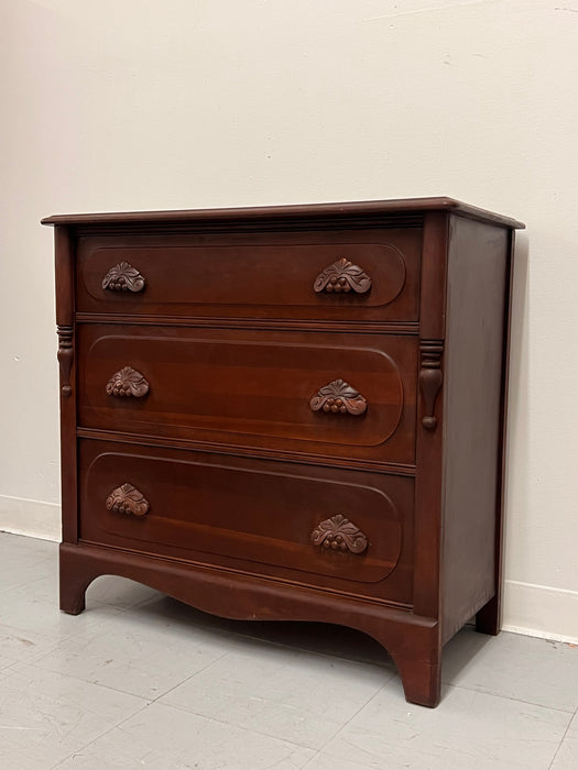 Vintage Mahogany Wood Dresser 3-Dovetailed Drawers with Solid Wood Ornate Pine Cone Handle Design