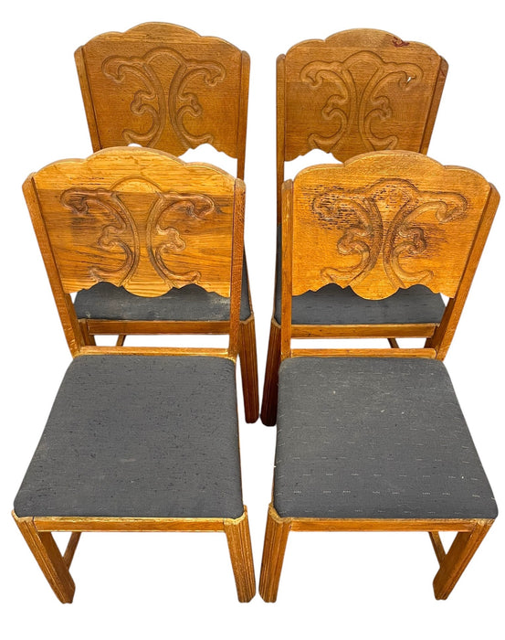 Vintage Set of 4 Carved Dining Chairs with Upholstered Seats.