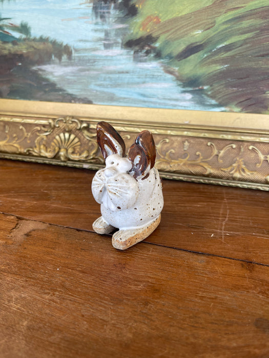 Handmade Studio Pottery Bunny Card Holder with Brown Glaze Accents.