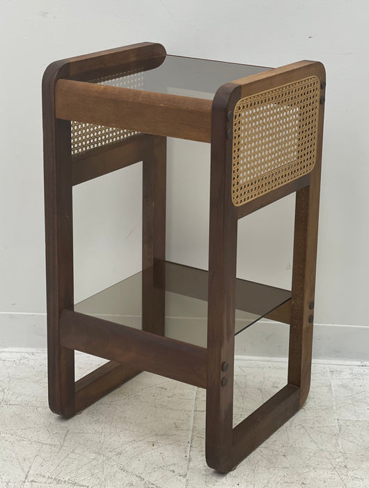 Art Deco walnut side table with Rattan and glass top