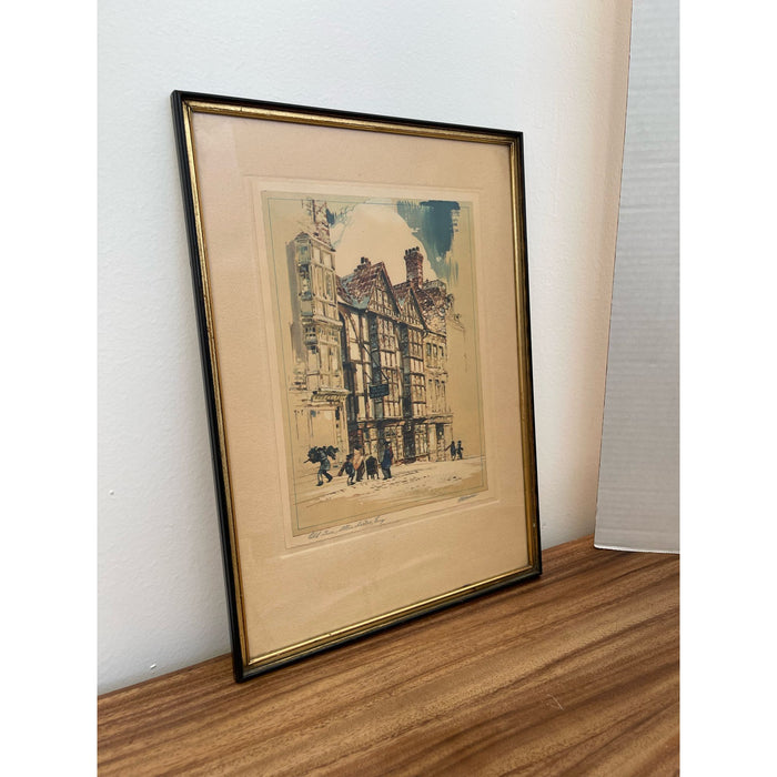 Vintage Signed A.F.Mettel Litho Print England Street Scene Ye Olde Hostel.