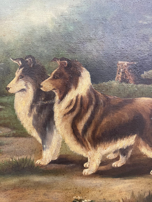 Antique Framed Oil Painting of Two Collie Dogs in Woodland Landscape, Traditional Canine Portrait Possibly 1890s