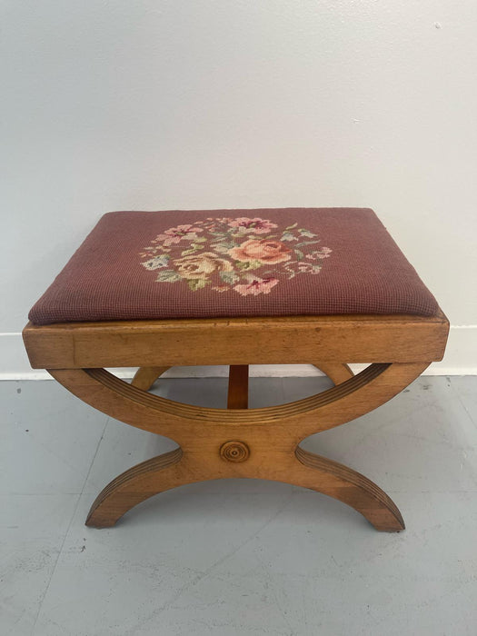 Vintage Needlepoint Embroidery Footstool With Floral Motif