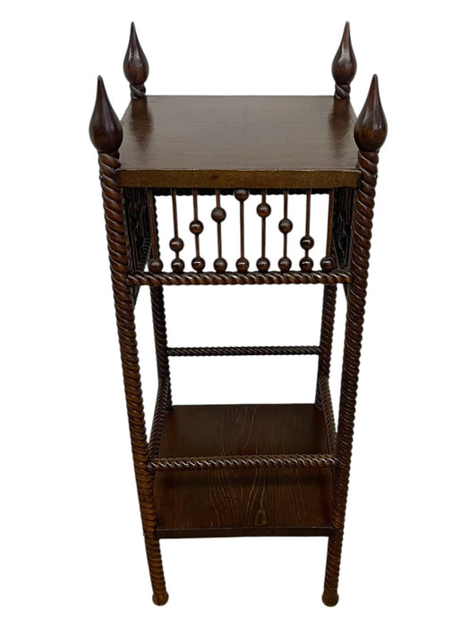 Vintage Barley Twist Wood Plant Stand / Side Table with Turned Spindle Gallery and Finials