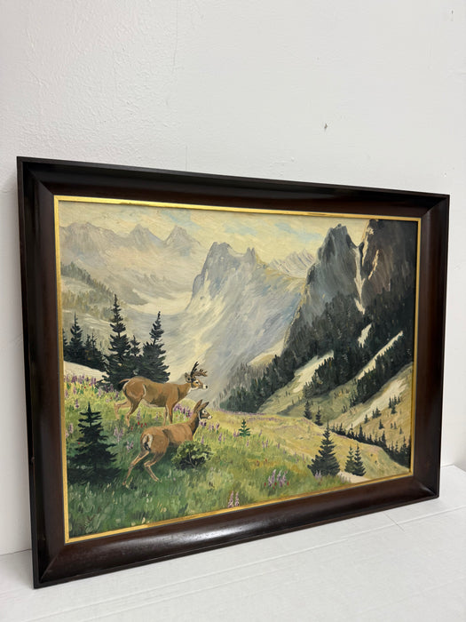 vintage signed mid century modern style framed scenic mountain side painting depicting wandering animals